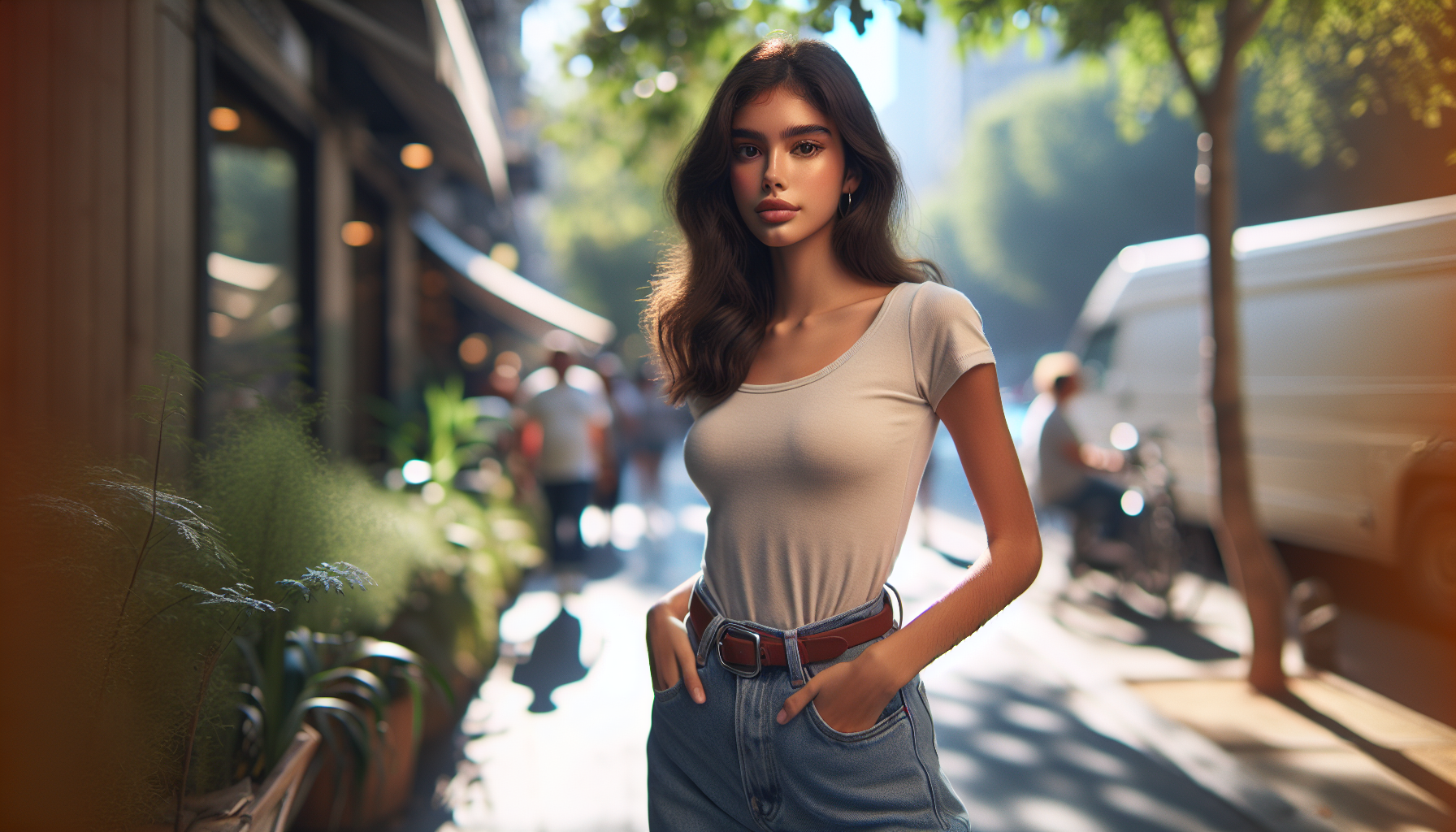 Młoda kobieta w casualowej stylizacji na ulicy, w jeansach i T-shircie, w towarzystwie zieleni i drzew, naturalne światło