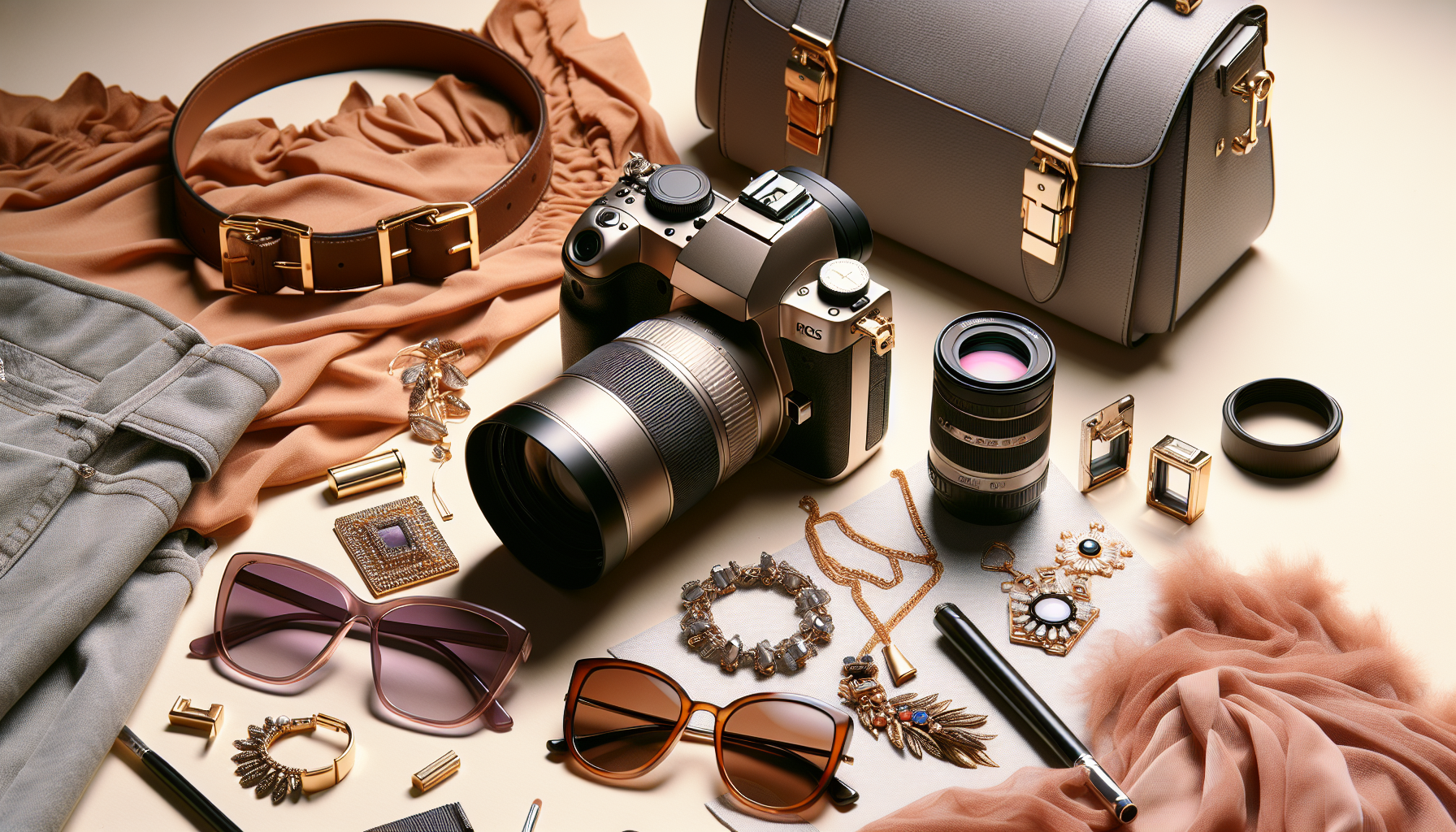 Stylizowana scena z dodatkami modowymi, na przykład torebki, biżuteria i okulary przeciwsłoneczne na jasnym tle.