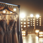 Elegancka sukienka wieczorowa na wieszaku, w tle delikatne oświetlenie