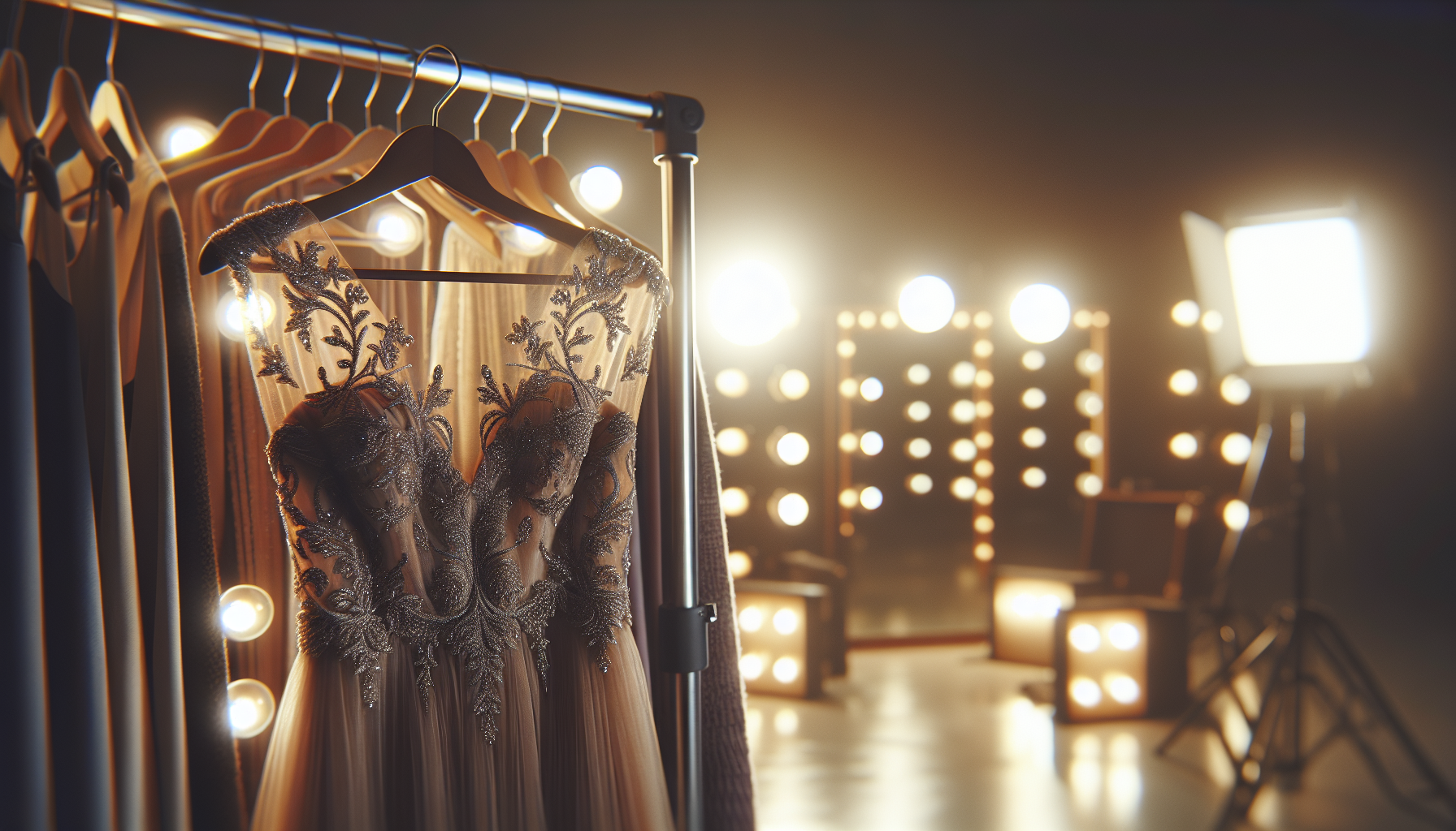 Elegancka sukienka wieczorowa na wieszaku, w tle delikatne oświetlenie
