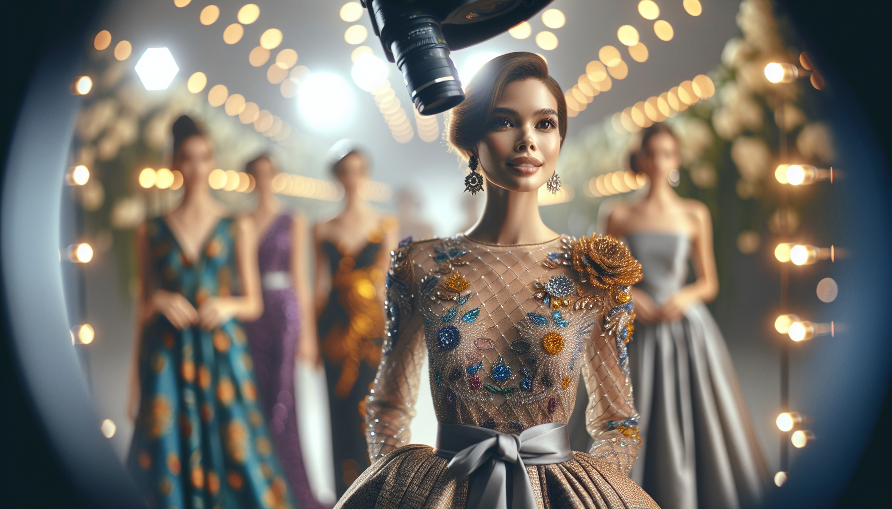 Elegancka sukienka wieczorowa na wieszaku, w tle delikatne oświetlenie