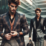 Mężczyzna w eleganckim garniturze z modnymi dodatkami: zegarek i torebka