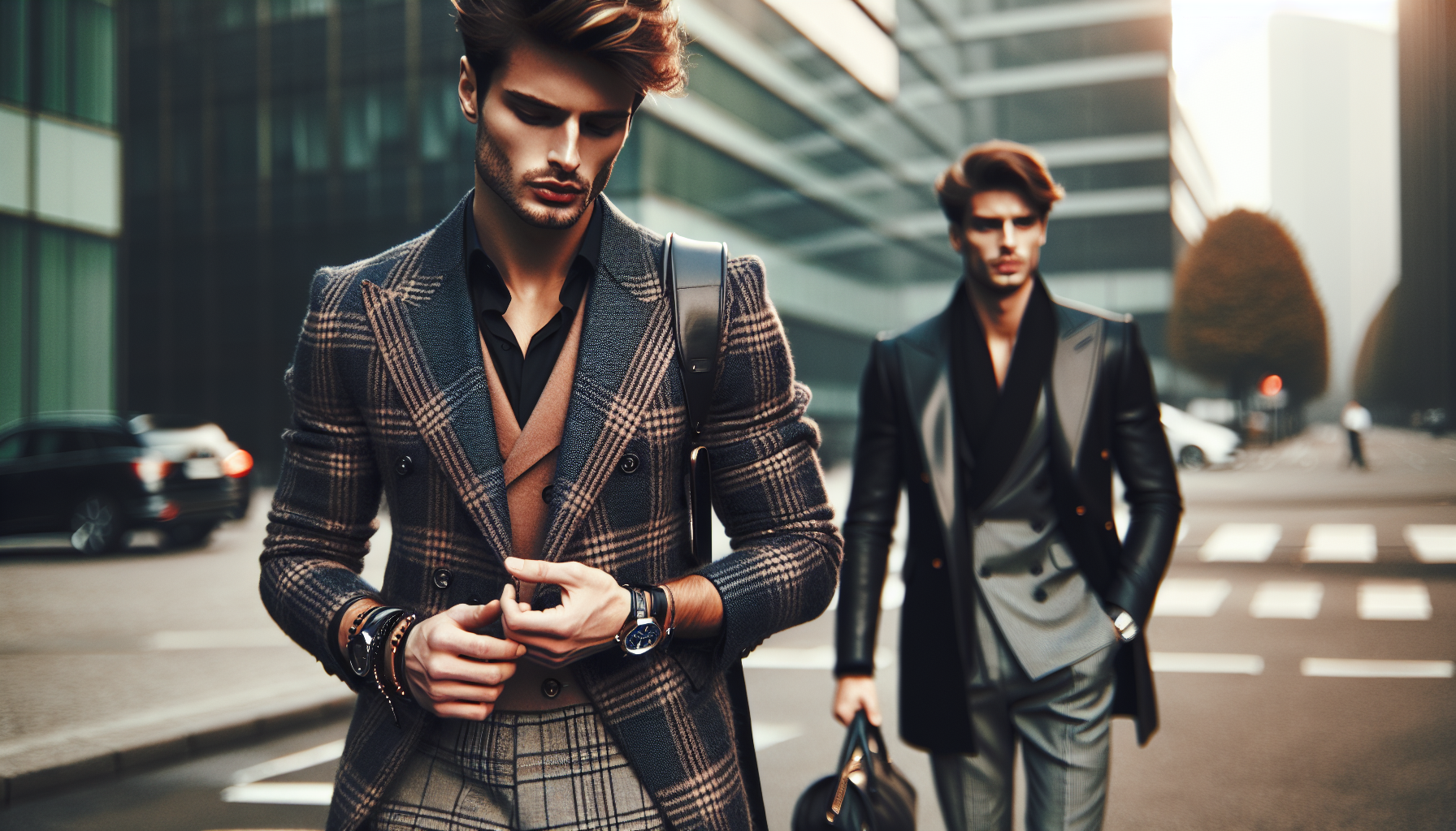 Mężczyzna w eleganckim garniturze z modnymi dodatkami: zegarek i torebka