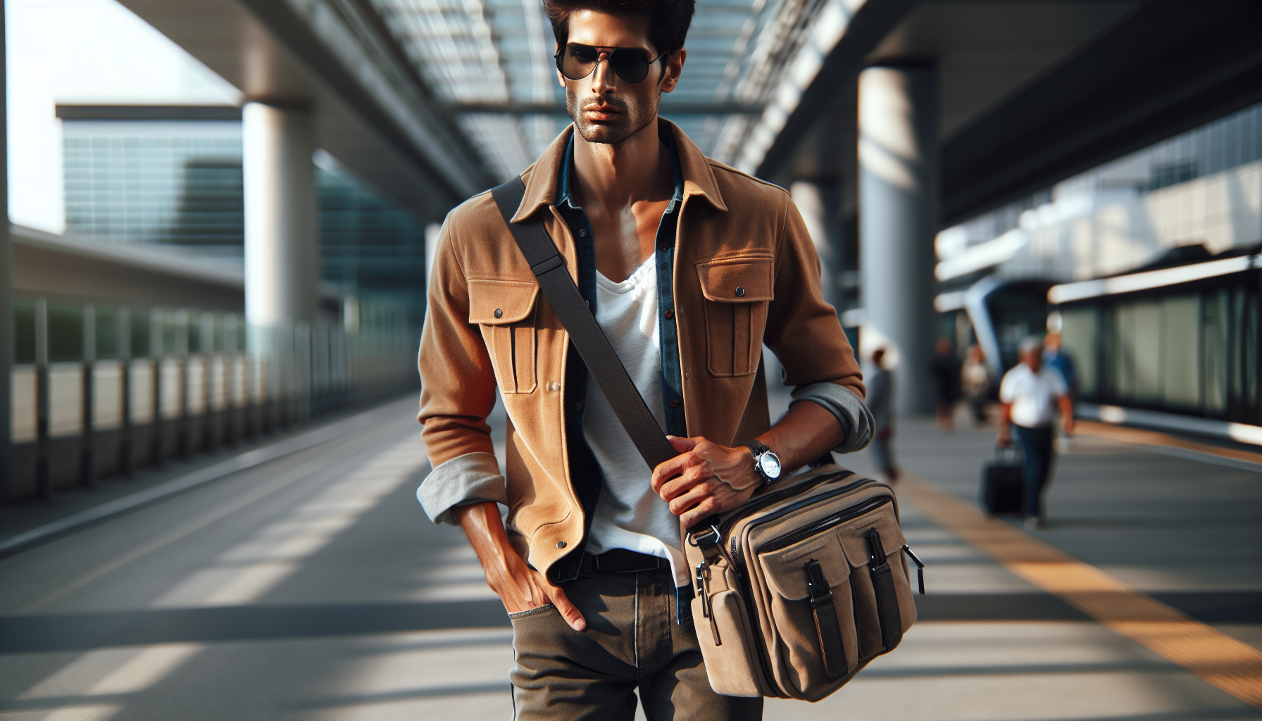 Mężczyzna w eleganckim garniturze z modnymi dodatkami: zegarek i torebka