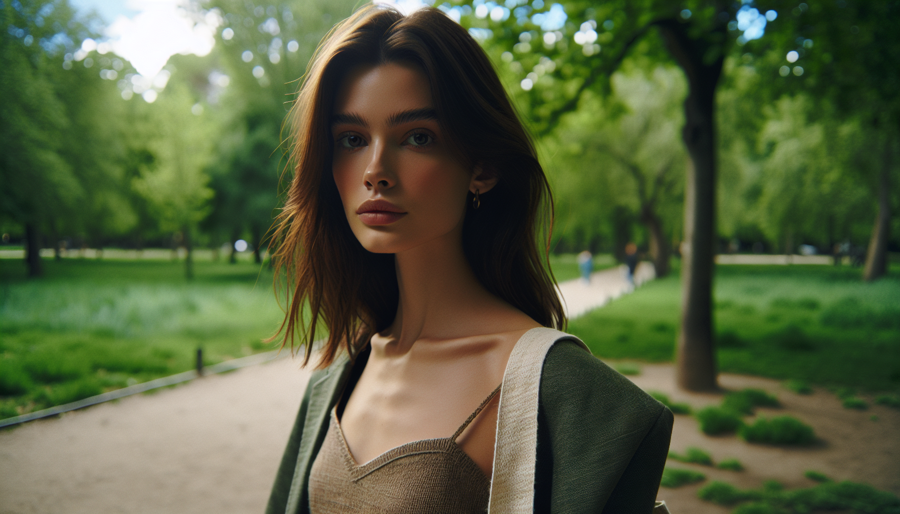 Stylizacja zrównoważona w parku, modelka ubrana w ekologiczną odzież, naturalne światło, w tle zieleń drzew