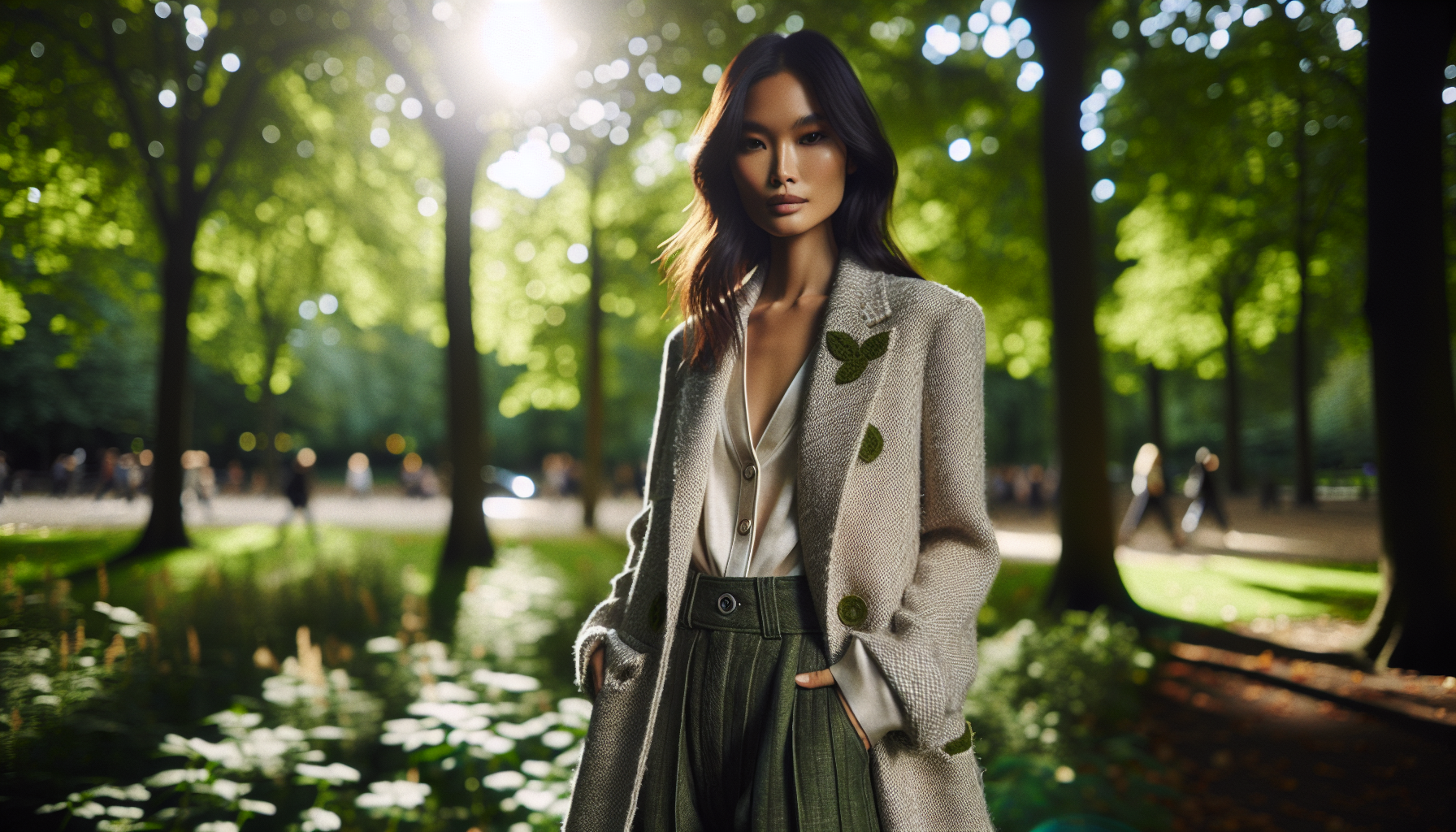 Stylizacja zrównoważona w parku, modelka ubrana w ekologiczną odzież, naturalne światło, w tle zieleń drzew