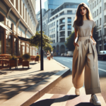 Młoda kobieta w modnych szerokich spodniach i t-shircie, spacerująca po miejskiej ulicy w słoneczny dzień