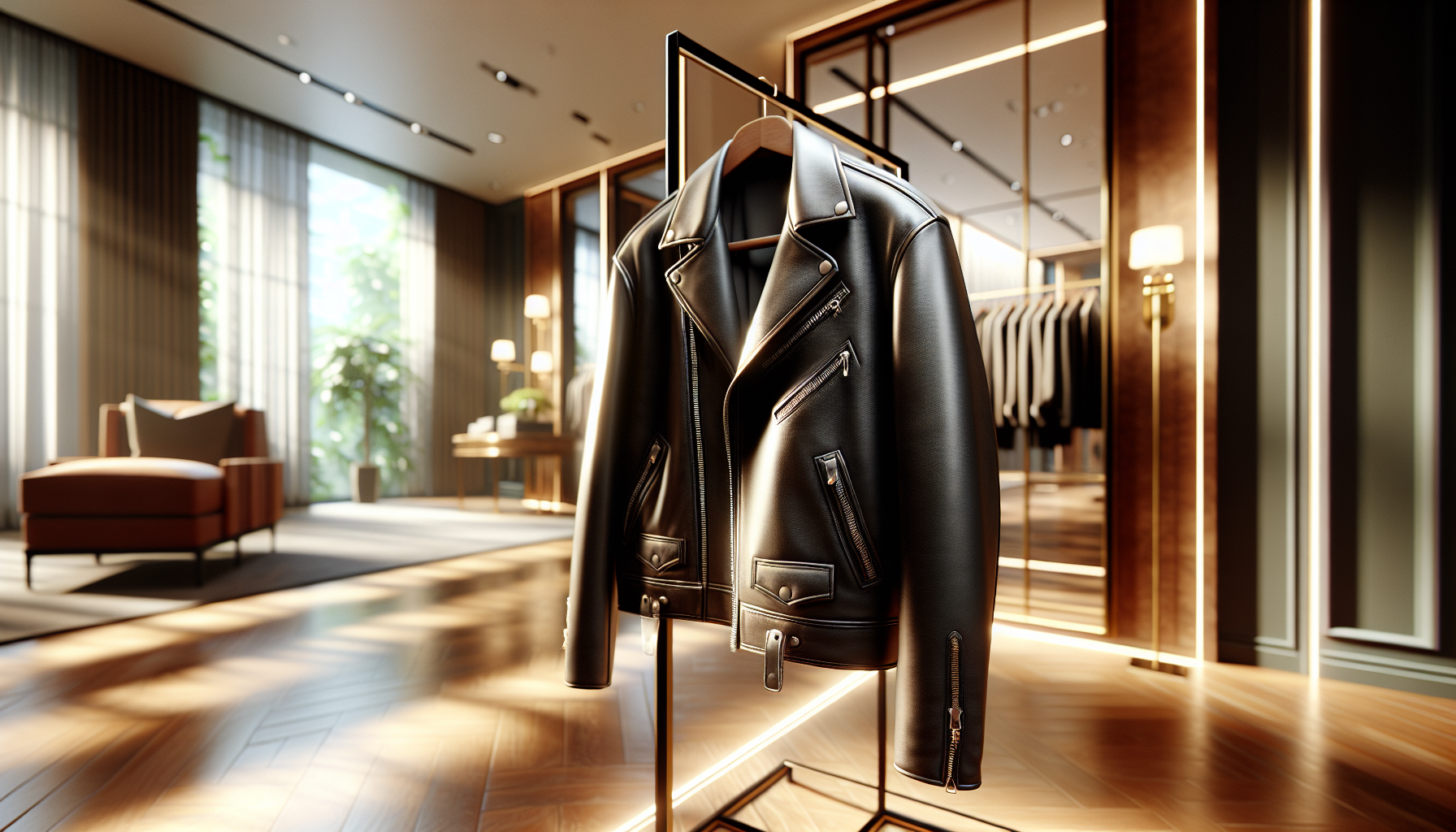 Skórzana kurtka na wieszaku w eleganckim wnętrzu