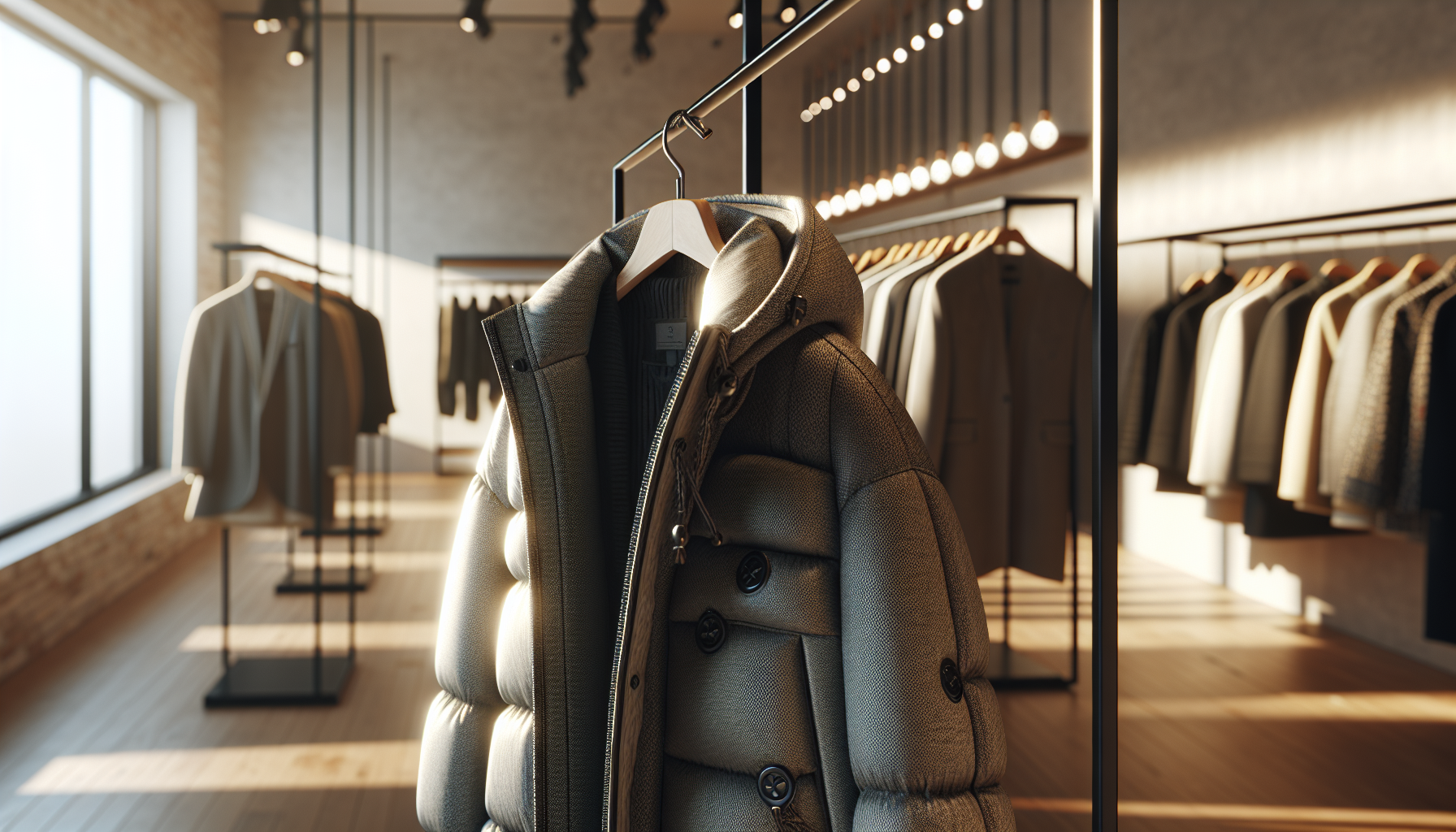 Stylowy płaszcz zimowy na wieszaku w eleganckim sklepie odzieżowym, dobrze oświetlony, z delikatnym cieniem