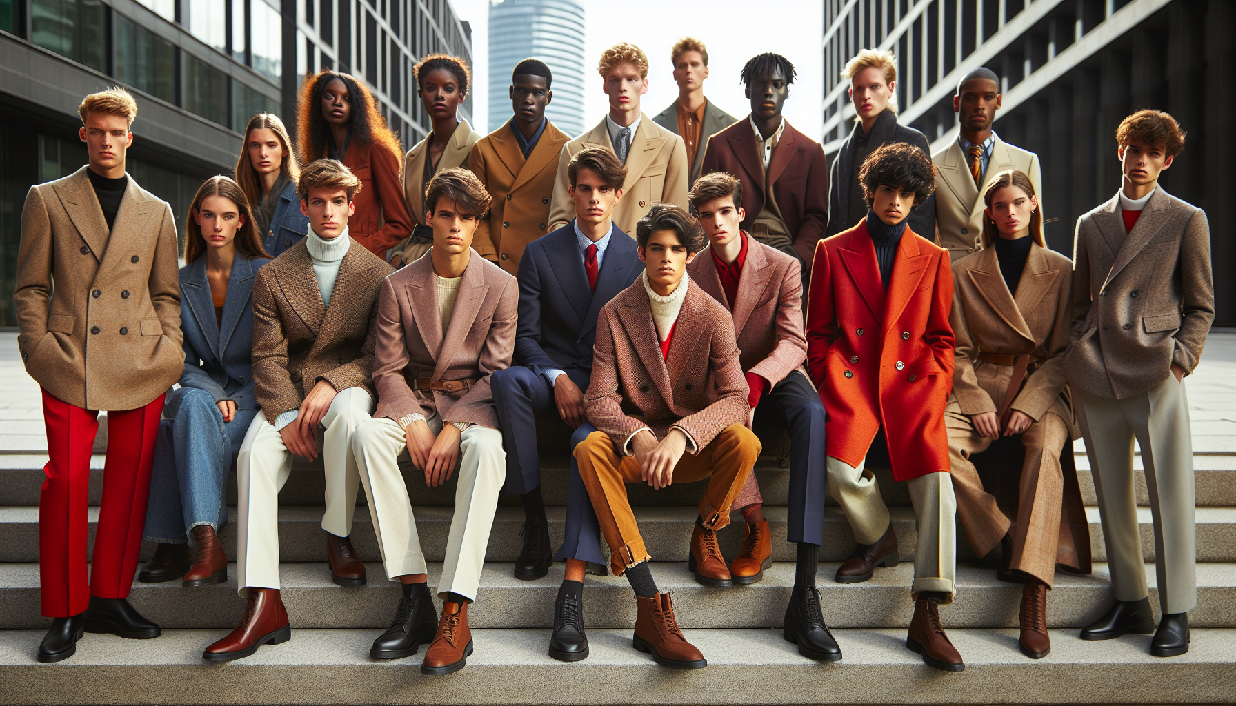 Grupa młodych ludzi w modnych ubraniach, prezentujących najnowsze kolory na sezon jesień/zima 2025-2026, w miejskim otoczeniu, naturalne światło