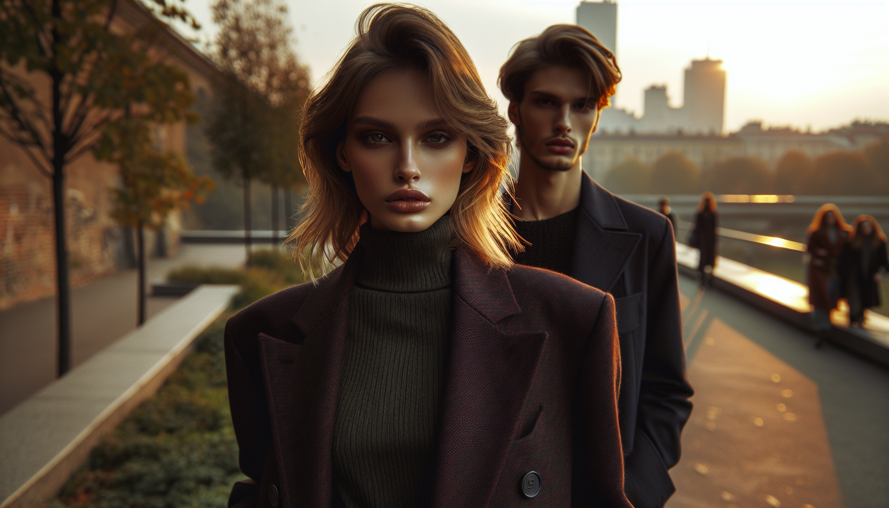 Grupa młodych ludzi w modnych ubraniach, prezentujących najnowsze kolory na sezon jesień/zima 2025-2026, w miejskim otoczeniu, naturalne światło