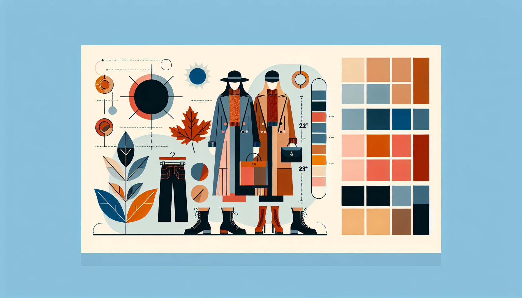 Stylizacje z wykorzystaniem ciemnej zieleni i burgundu na tle miejskiego krajobrazu, z efektem zachodzącego słońca