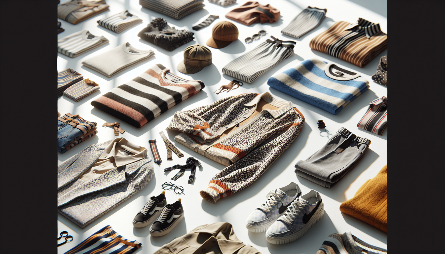 Stylowe zestawienie wzorów w modzie na tle miejskiej architektury, naturalne światło, uśmiechnięta modelka w kolorowej stylizacji