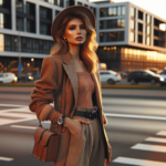 Stylowa osoba ubrana w modną stylizację, stojąca na tle miejskiego pejzażu, w ciepłym świetle zachodzącego słońca