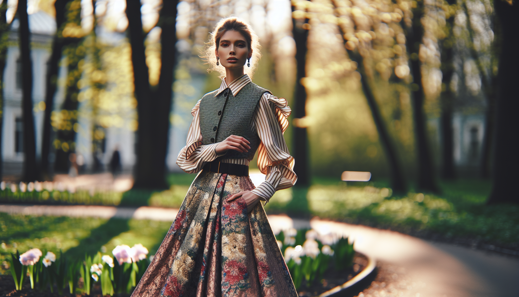 Stylowa osoba w kolorowej stylizacji w parku, naturalne światło, lekka aura wiosny