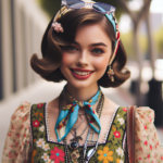 Stylizacja vintage z sukienką w kwiaty i dodatkami retro w plenerze, naturalne światło, radosny nastrój, kąt kamery na poziomie oczu