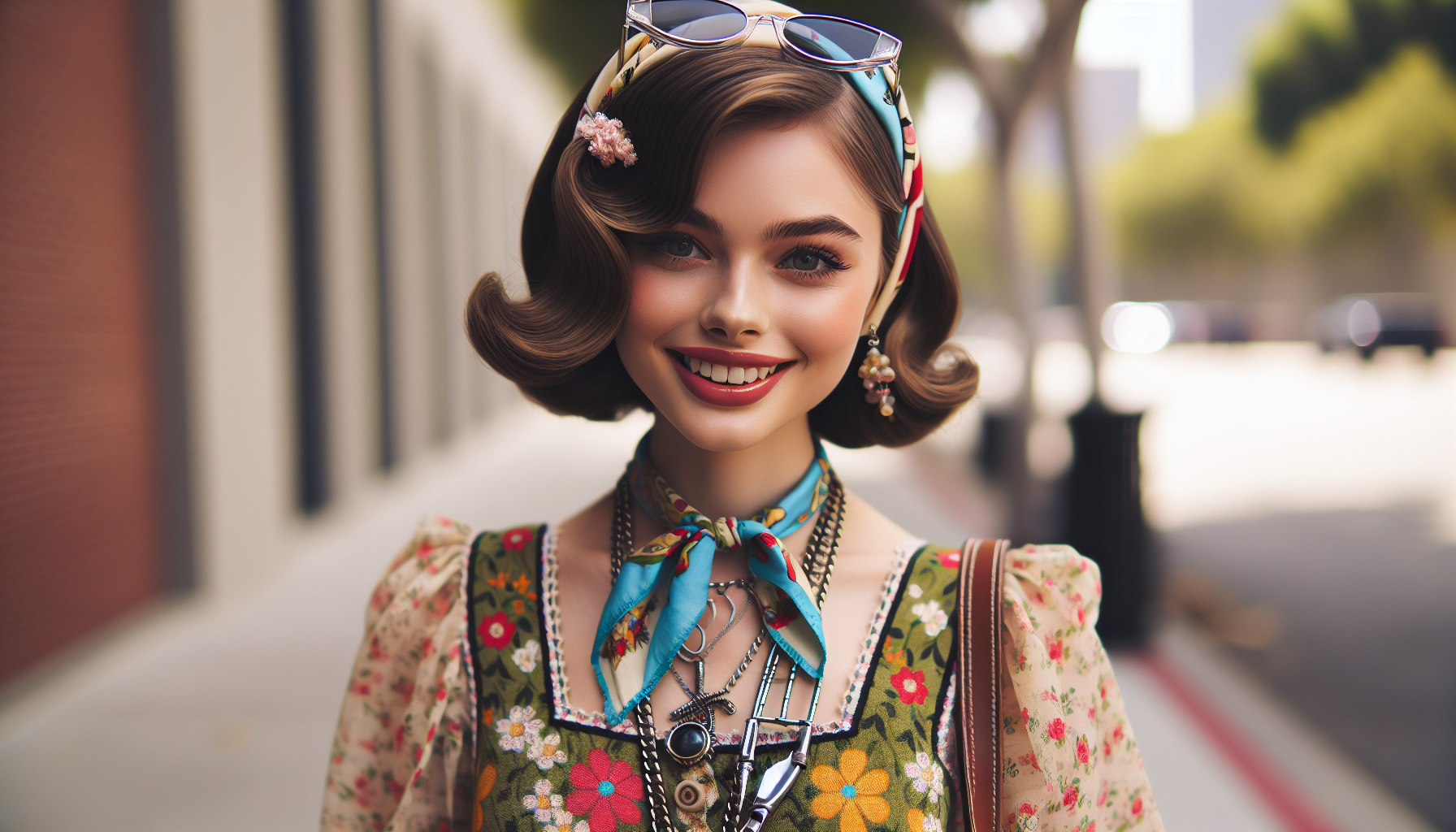 Stylizacja vintage z sukienką w kwiaty i dodatkami retro w plenerze, naturalne światło, radosny nastrój, kąt kamery na poziomie oczu