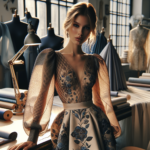 Stylowa stylizacja na tle modnych tkanin 2025-2026, naturalne światło, elegancka scena w modowym atelier.