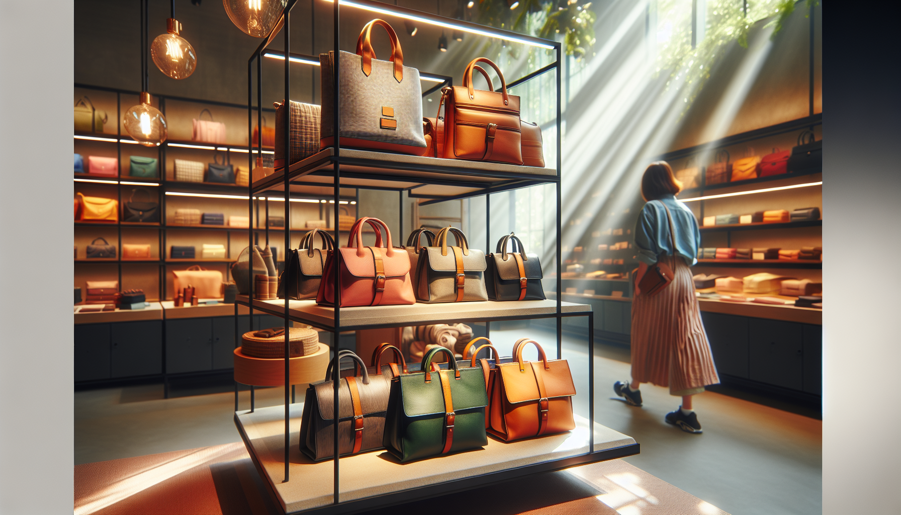 Stylowe torby w różnych kolorach na sklepowej półce, z naturalnym oświetleniem, przyciągające wzrok klientów.