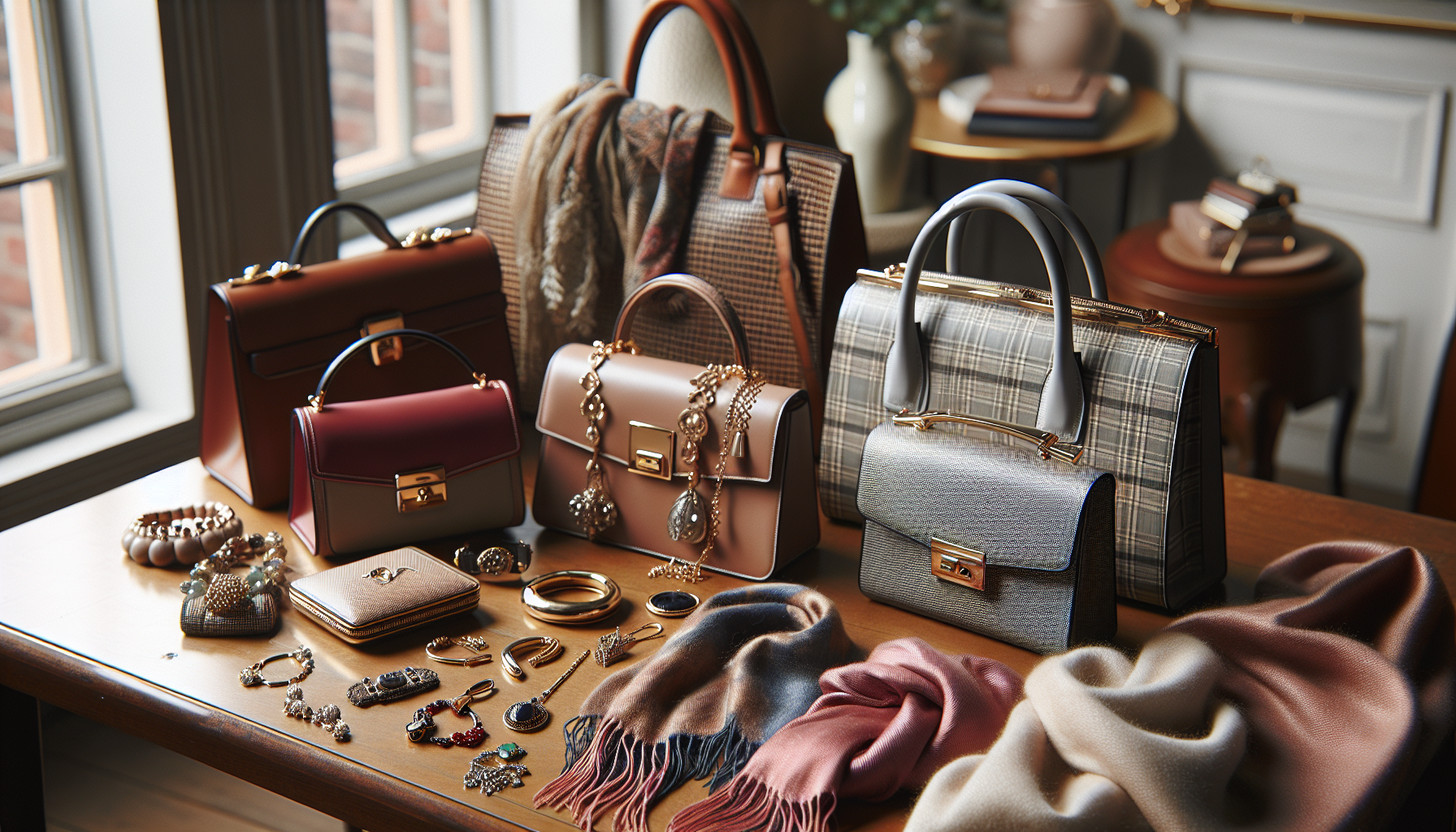 Zestaw modnych akcesoriów na tle eleganckiego wnętrza, w tym torebki, biżuteria i szale, w stylowym otoczeniu.