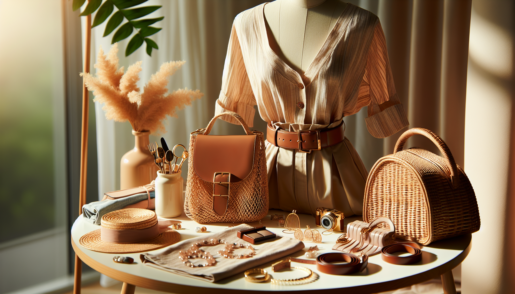 Zestaw modnych akcesoriów na tle eleganckiego wnętrza