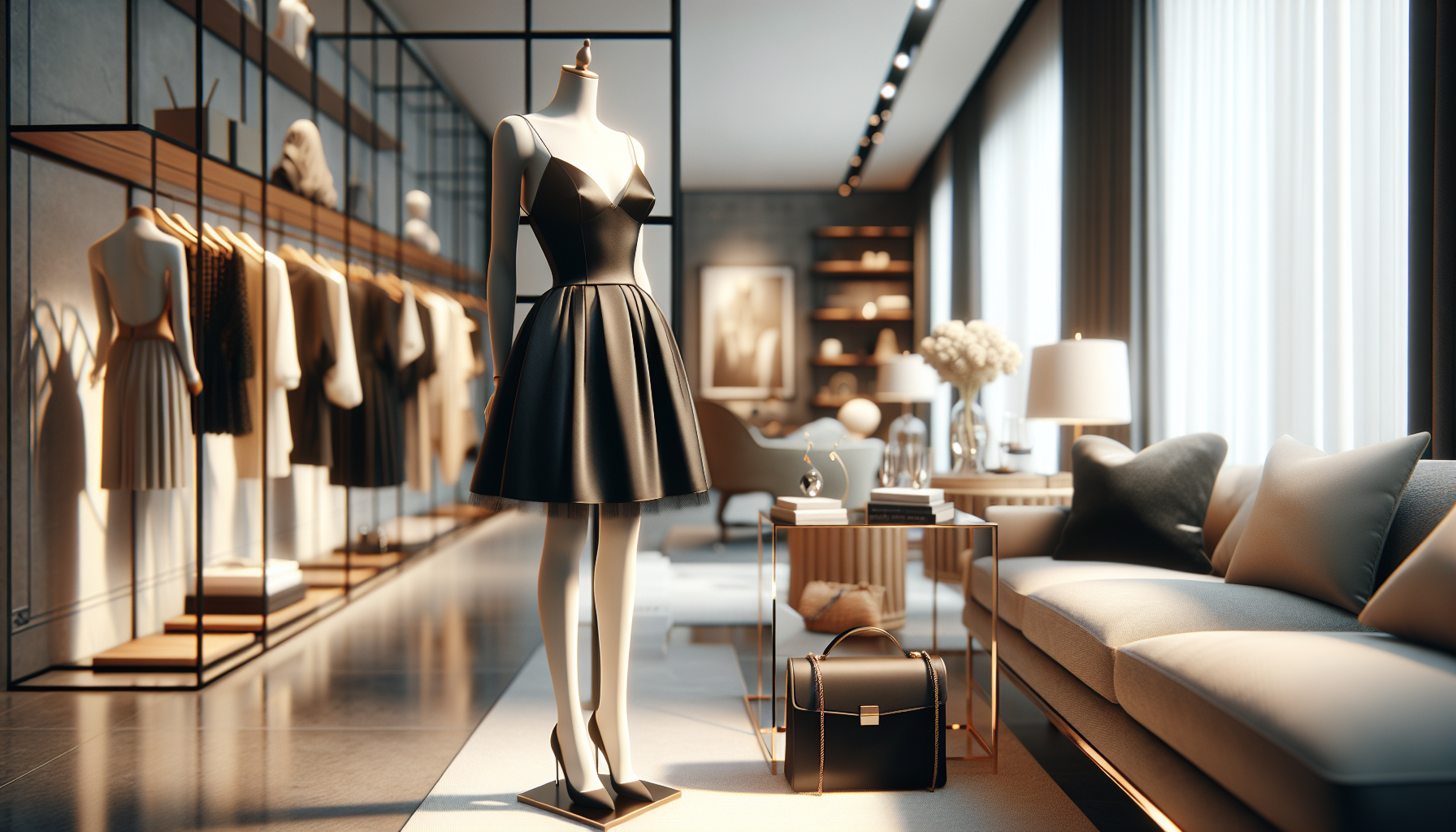 Stylizacja z elegancką małą czarną sukienką i klasycznymi dodatkami, w jasnym, naturalnie oświetlonym wnętrzu, z nowoczesnymi meblami.