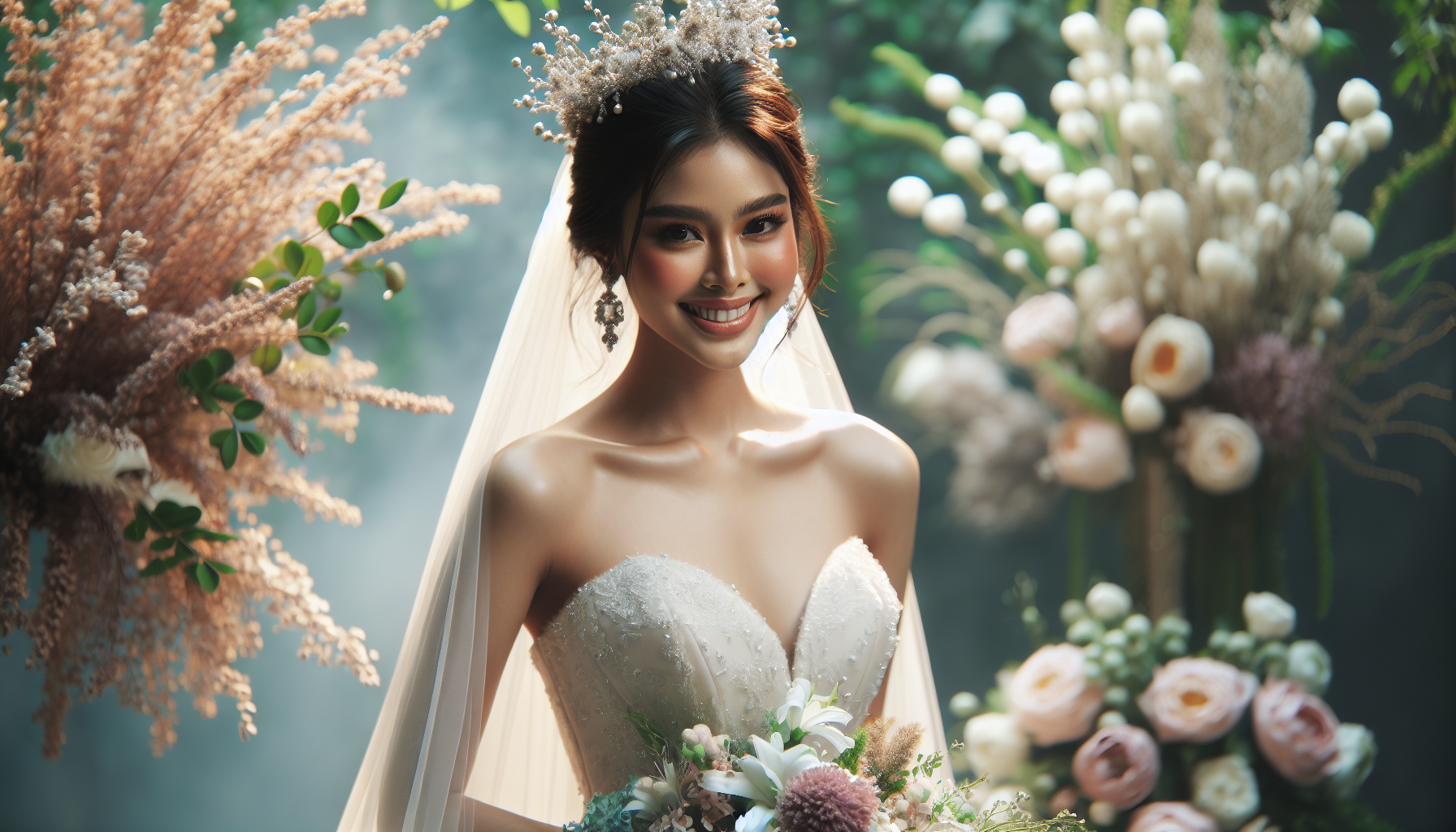 Kobieta w eleganckiej sukience na wesele, otoczona kwiatami, w jasnym oświetleniu, uśmiechnięta, w klimatycznej scenerii