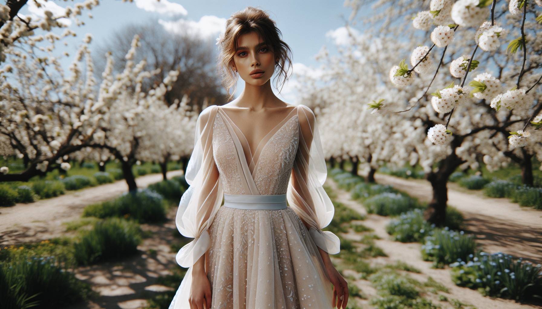 Elegancka sukienka na wesele w jasnych kolorach, modelka stoi na tle kwitnących drzew, w słoneczny dzień