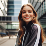 Młoda kobieta w sportowym dresie, uśmiechnięta, w miejskim otoczeniu, naturalne światło, kąt kamery lekko z dołu.