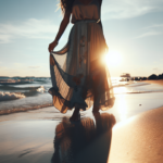 Kobieta w sukience maxi na plaży, słońce w tle, błękitne niebo