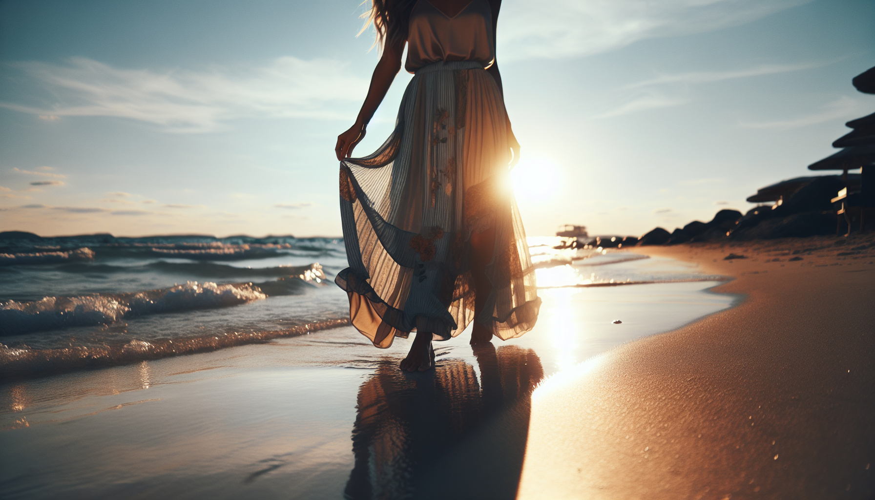 Kobieta w sukience maxi na plaży, słońce w tle, błękitne niebo