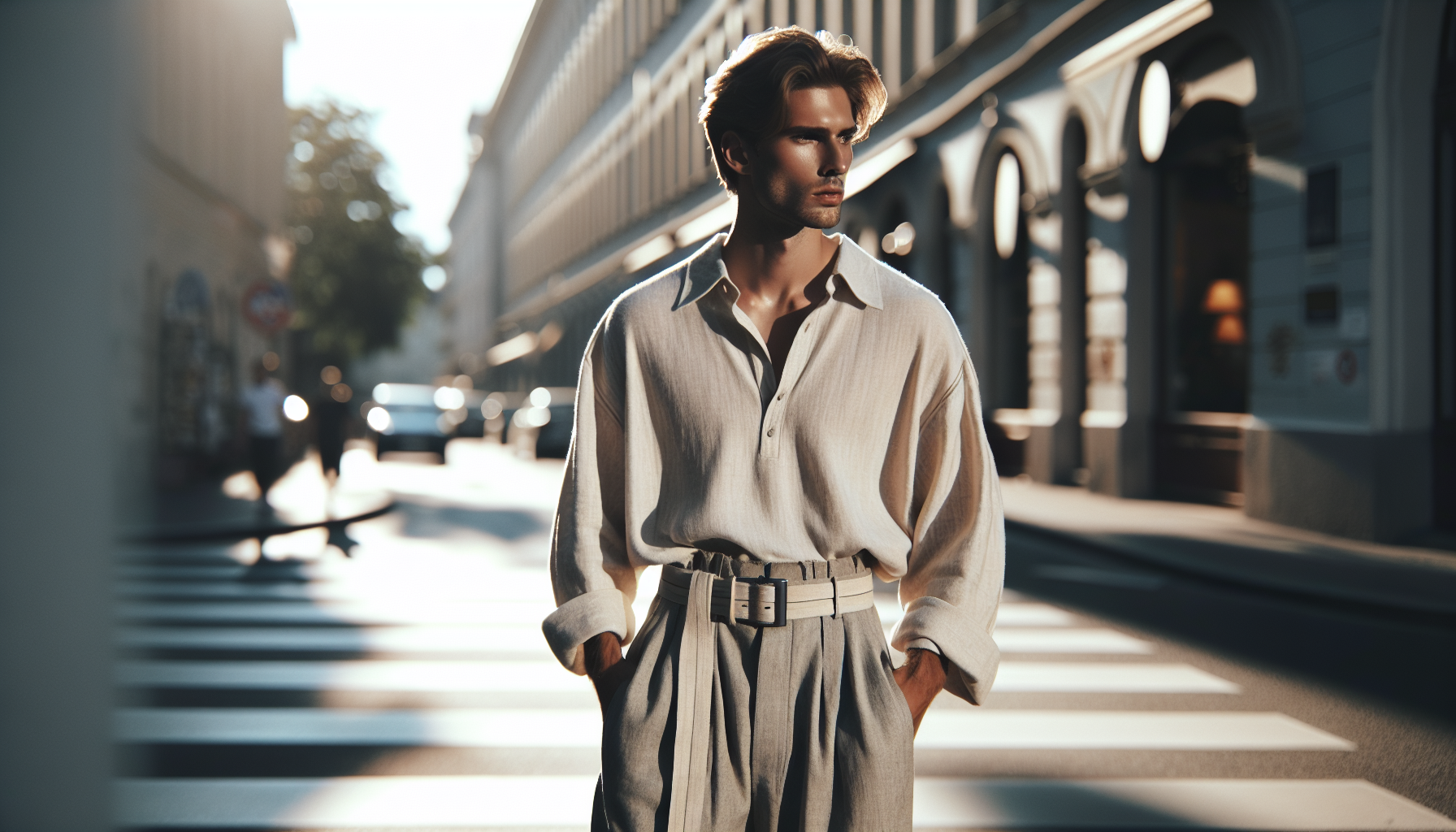 Mężczyzna w jasnej, oversize'owej koszuli na tle ulicy w słoneczny dzień