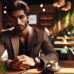 Stylowy mężczyzna w eleganckiej marynarce, siedzący przy stole w kawiarni, w naturalnym świetle.