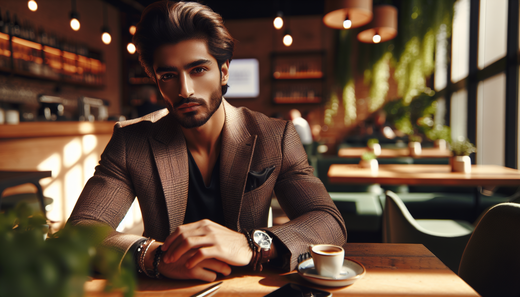 Stylowy mężczyzna w eleganckiej marynarce, siedzący przy stole w kawiarni, w naturalnym świetle.