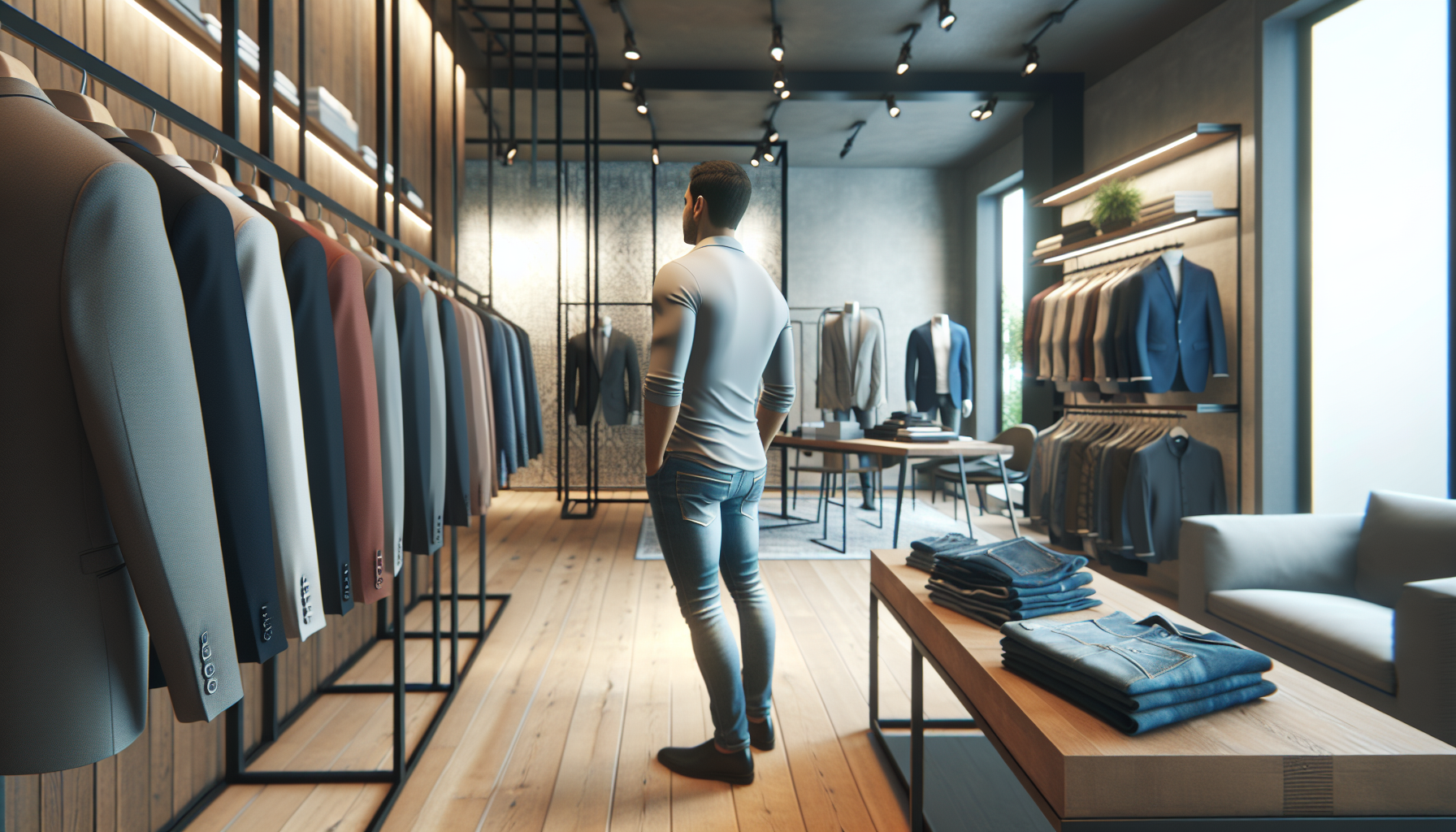 Stylowy mężczyzna w eleganckiej marynarce i koszuli, siedzący przy stole w kawiarni, naturalne światło wpadające przez okno